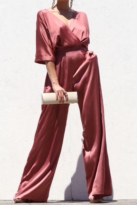 Mauve Satin Jumpsuit with Puff Sleeves and Pocket