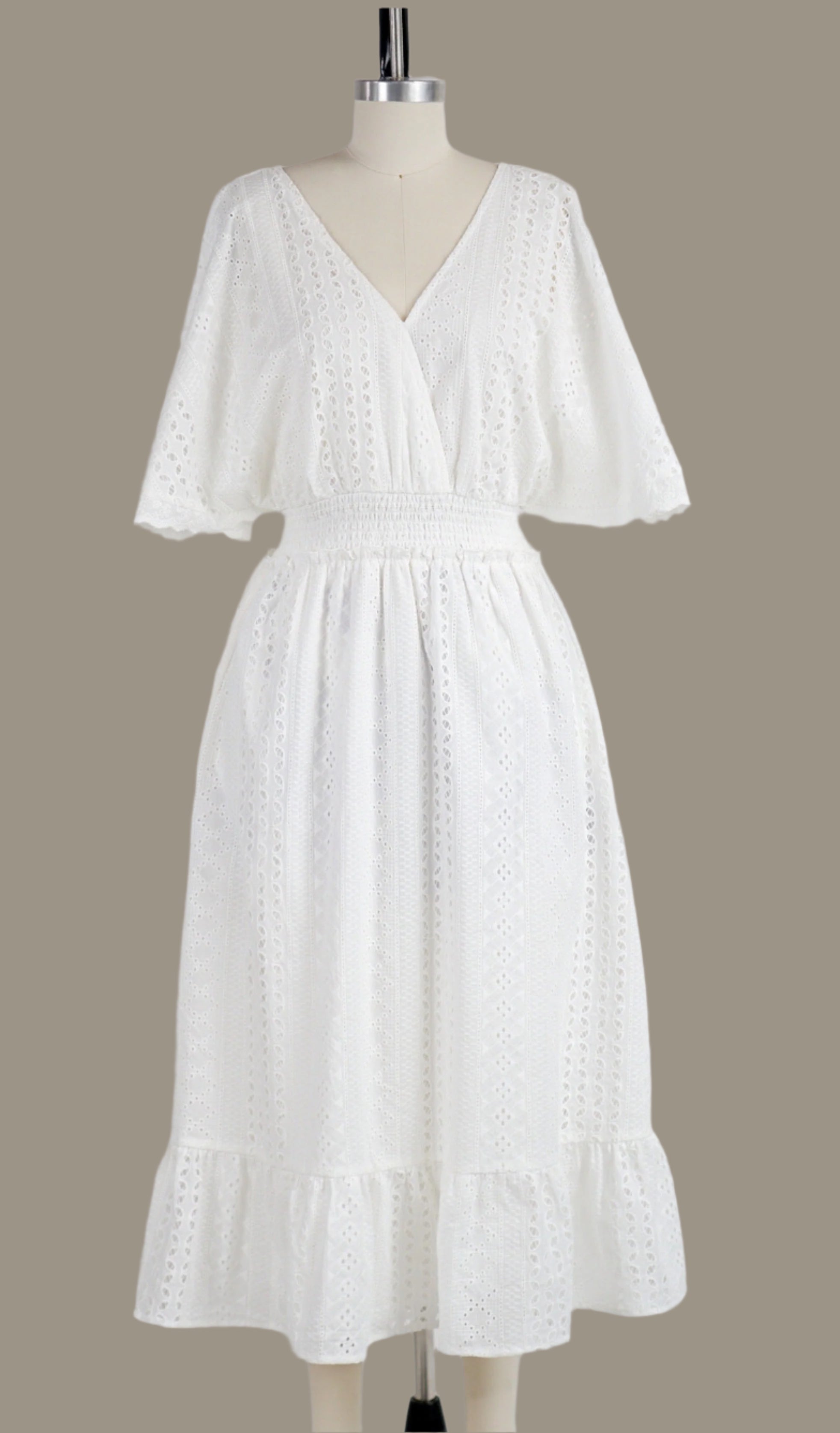 Iris Short Dolman Sleeve Elastic Waist Eyelet Mid Dress