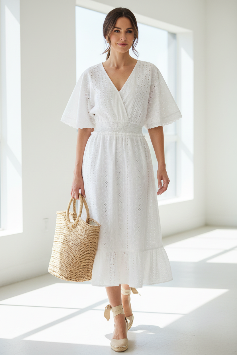 Iris Short Dolman Sleeve Elastic Waist Eyelet Mid Dress