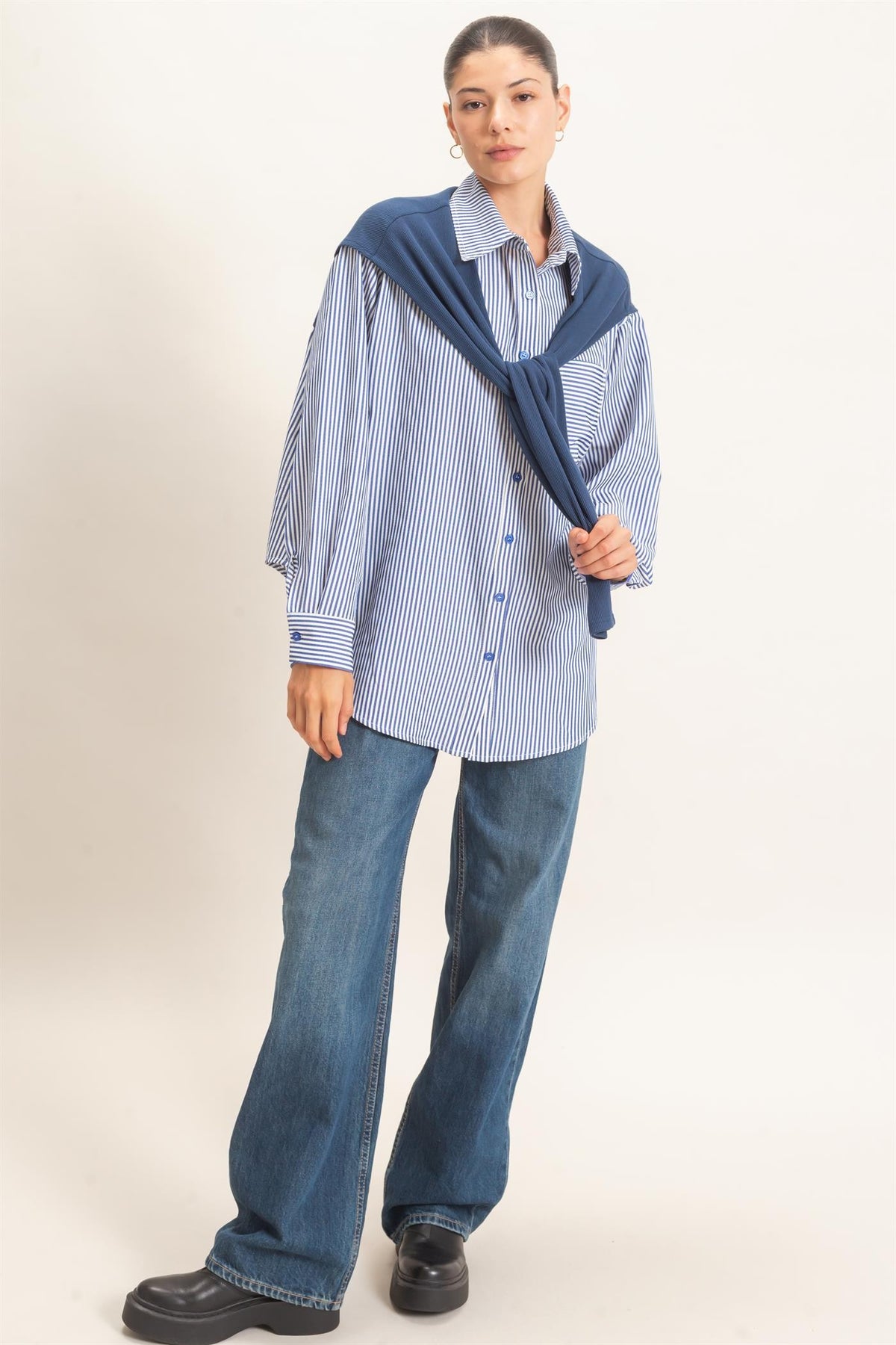 Levy striped Button-up Shirt With Faux Tie