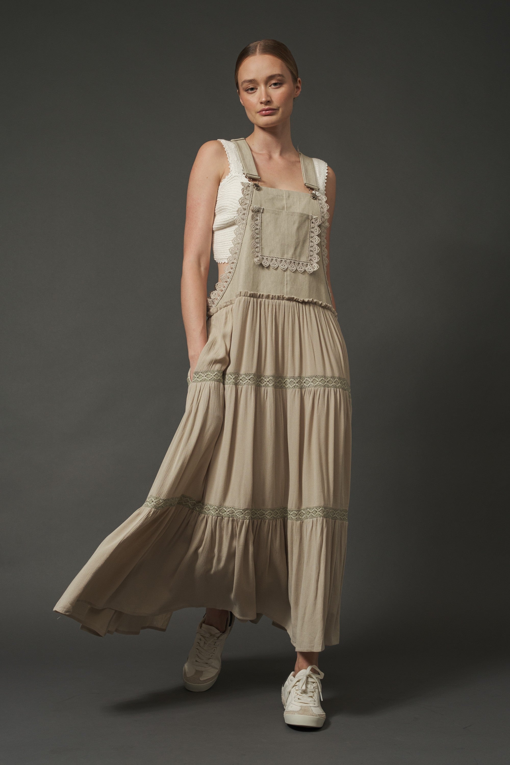 Laurie Mix Media Overall Dress with Lace