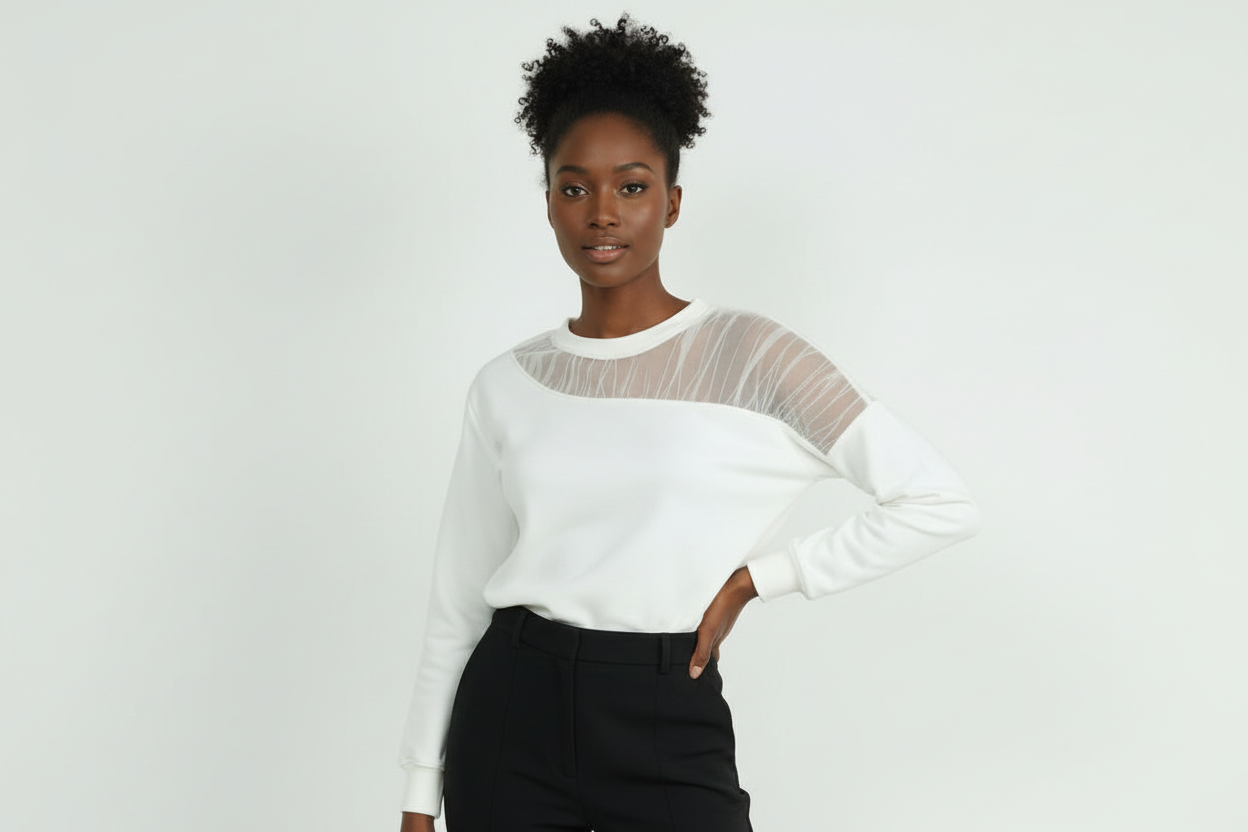 Linnea Crewneck Sweater With Tulle Shoulder