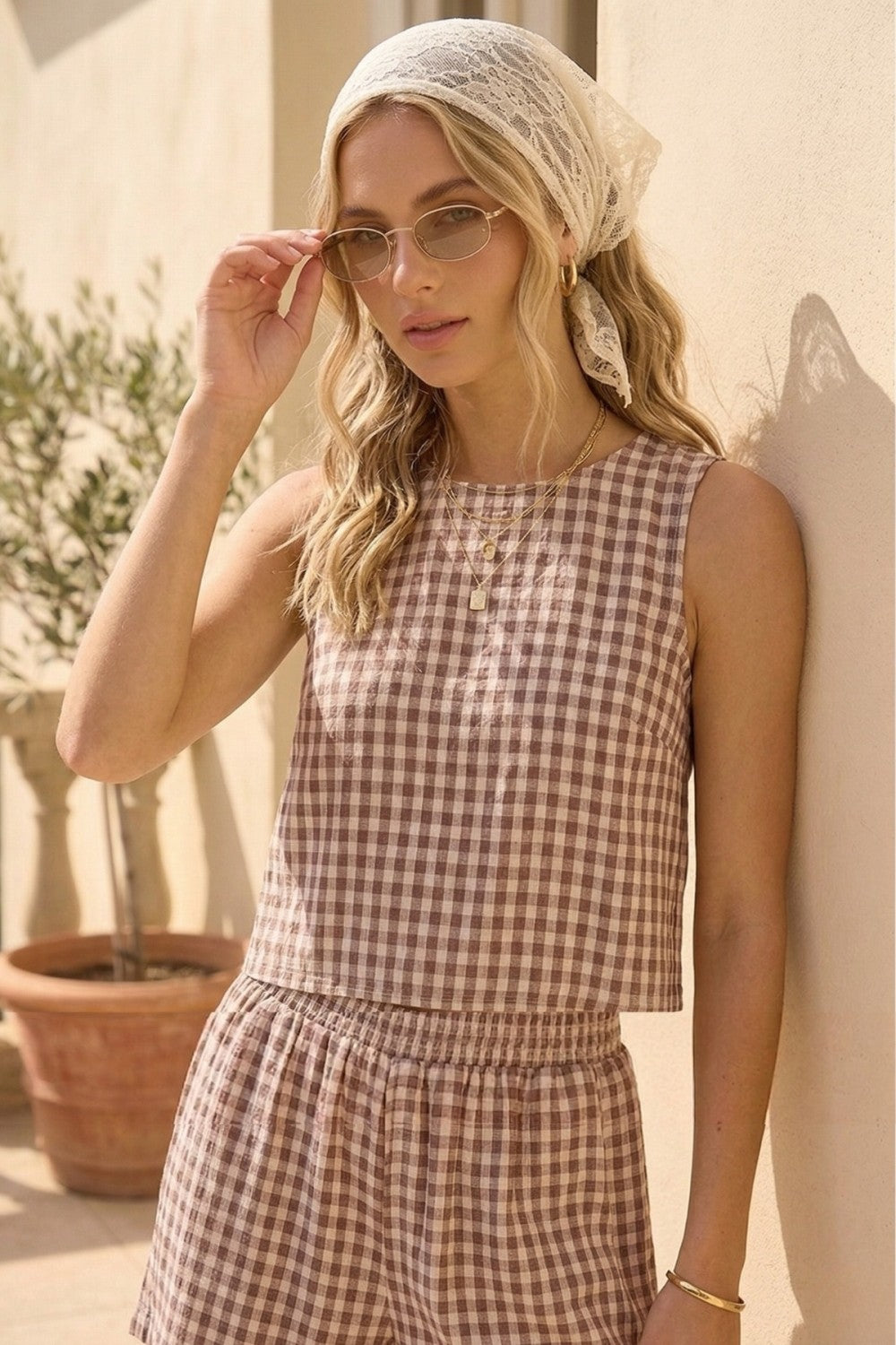 Marisa Gingham Linen Scoop Neck Tank