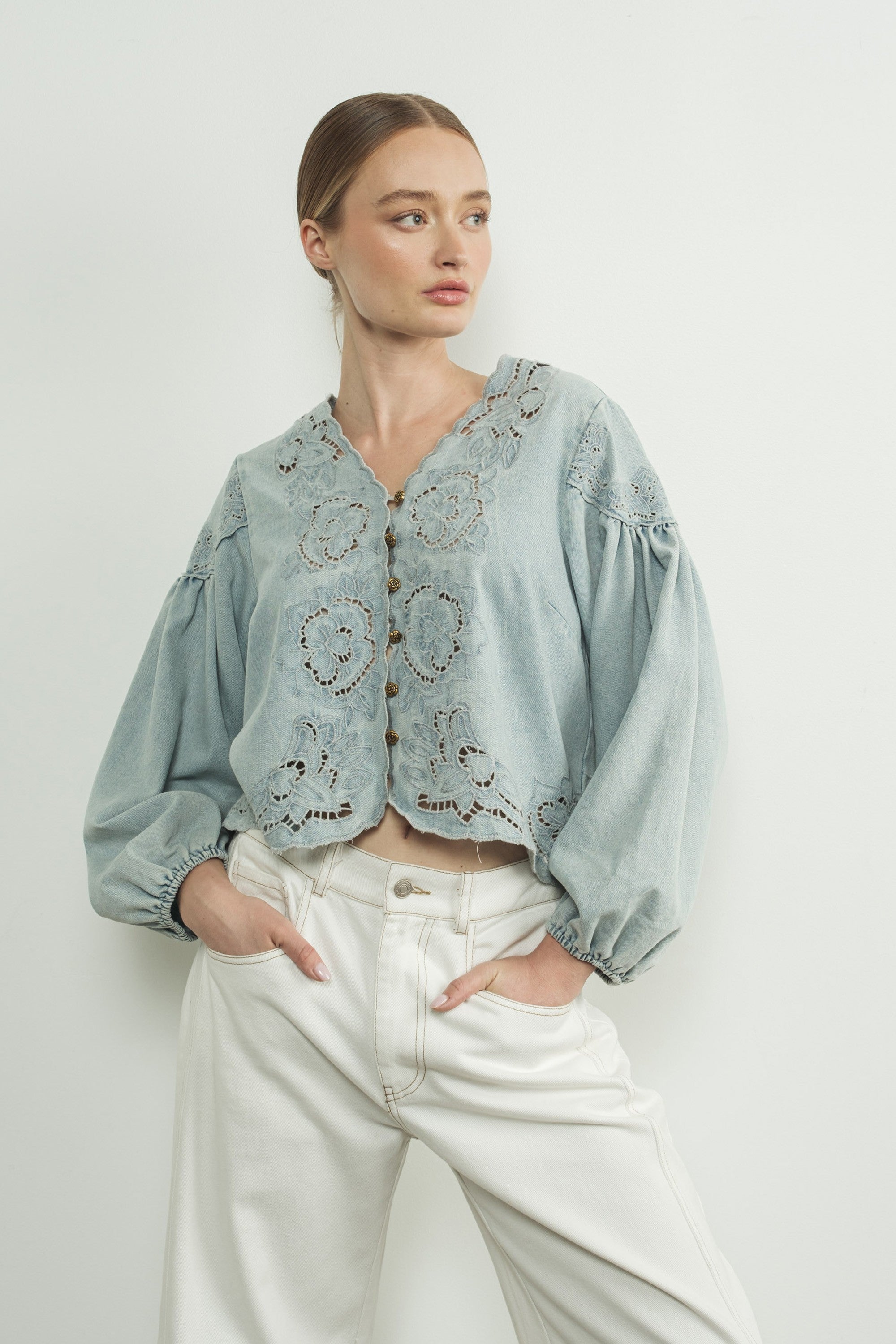Boho Betty Denim Embroidery Volume Sleeve Top