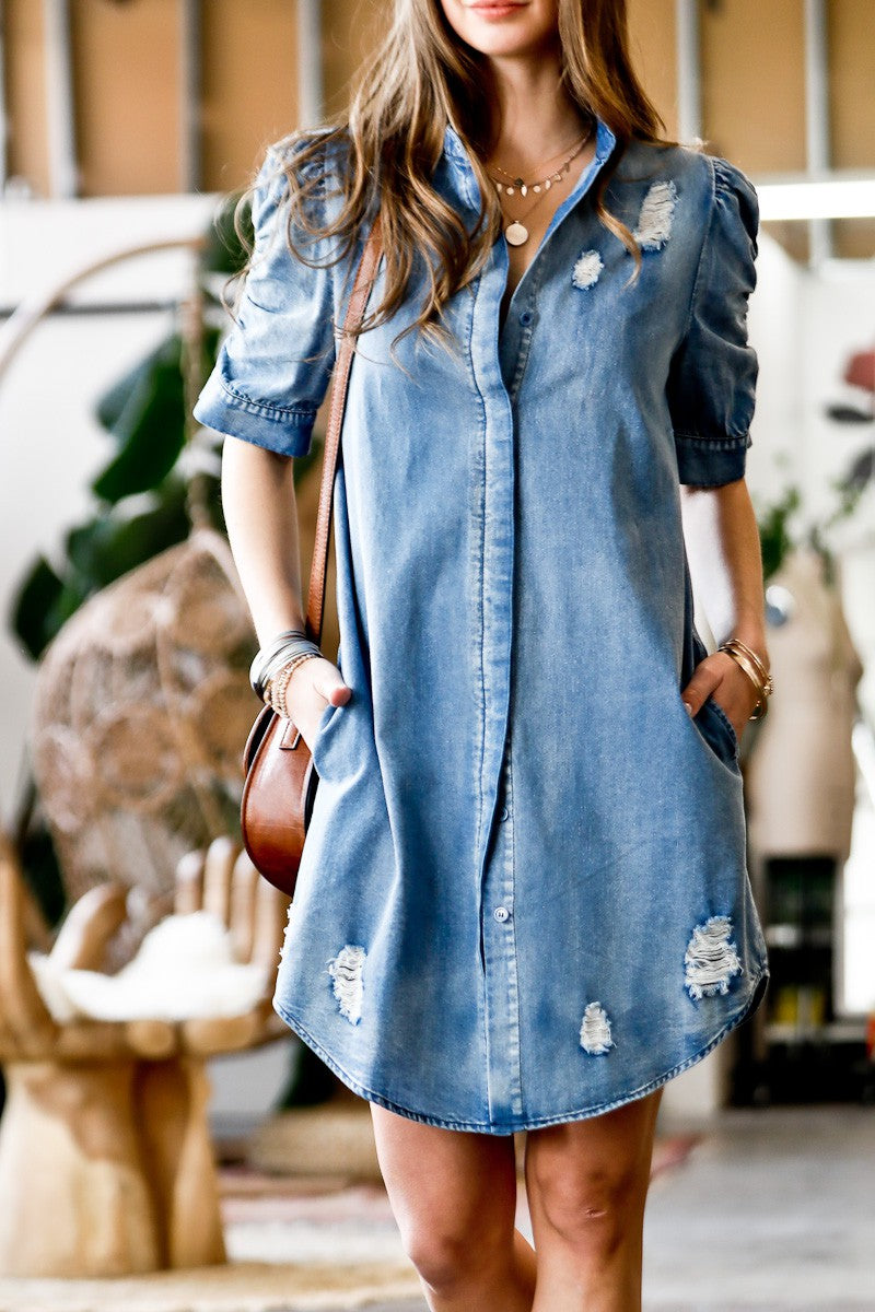 Eva washed out denim dress with shirring detail on the