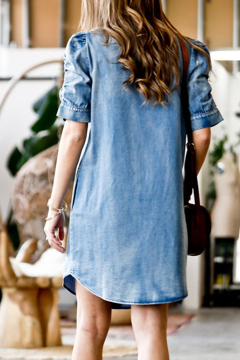 Eva washed out denim dress with shirring detail on the sleeve