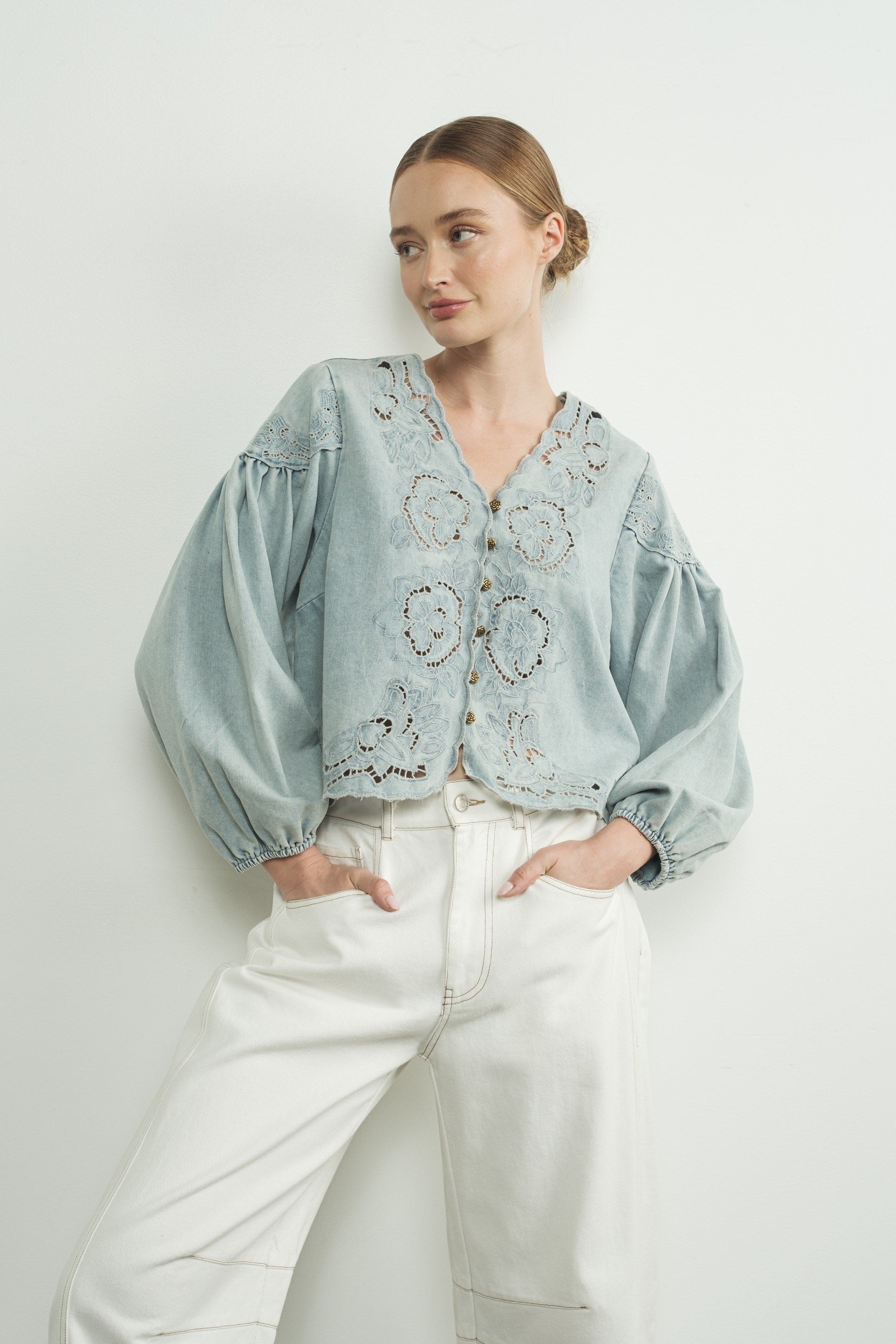 Boho Betty Denim Embroidery Volume Sleeve Top