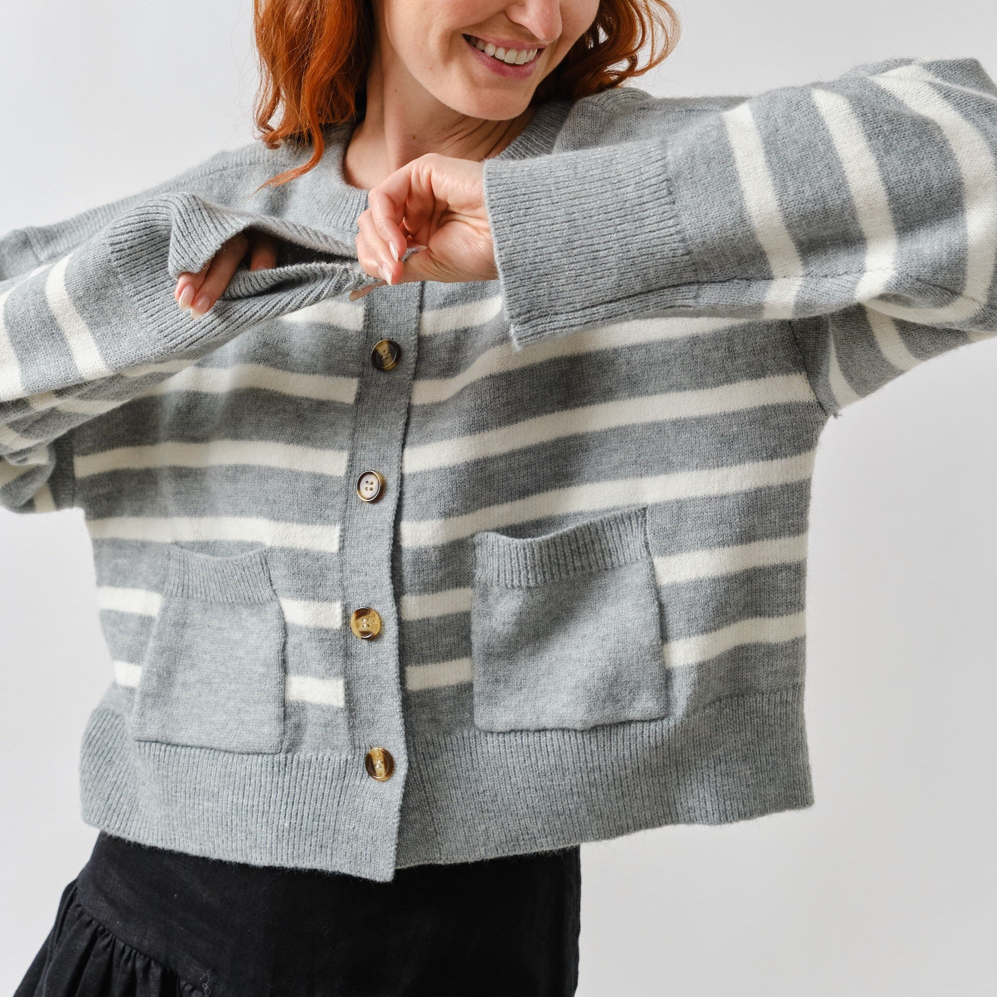 Reva Striped Crew Neck Button Down Cardigan