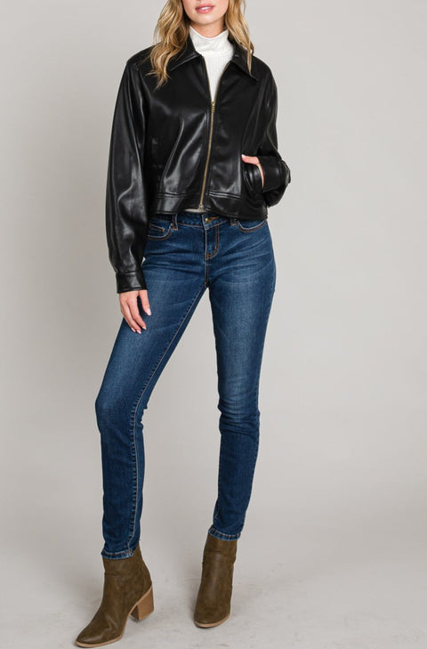 Avory Soft Pleather Zipper Front Collared Jacket
