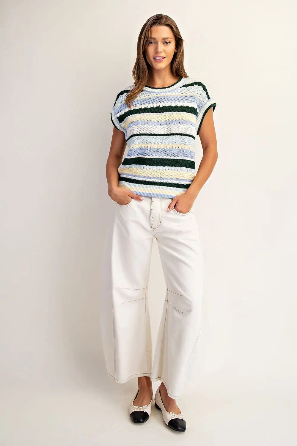Kanan Striped Round Neck Cap Sleeve Sweater