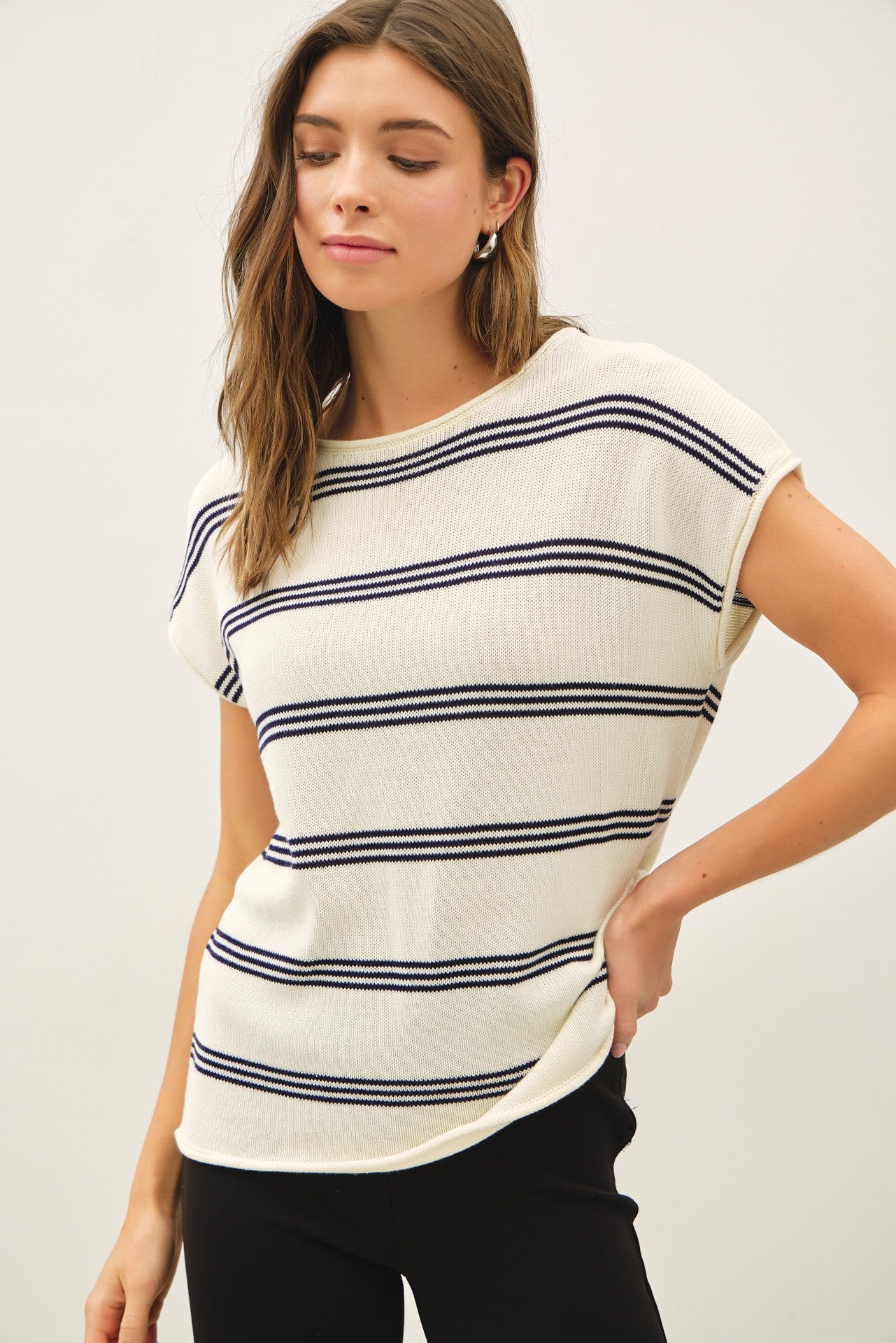 Kysha Ultra Soft Triple Striped Cap Sleeve Knit Sweater Top