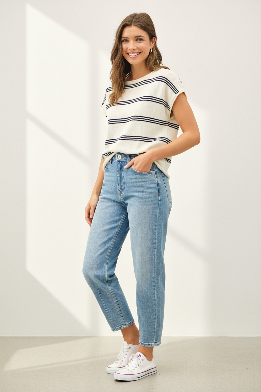 Kysha Ultra Soft Triple Striped Cap Sleeve Knit Sweater Top