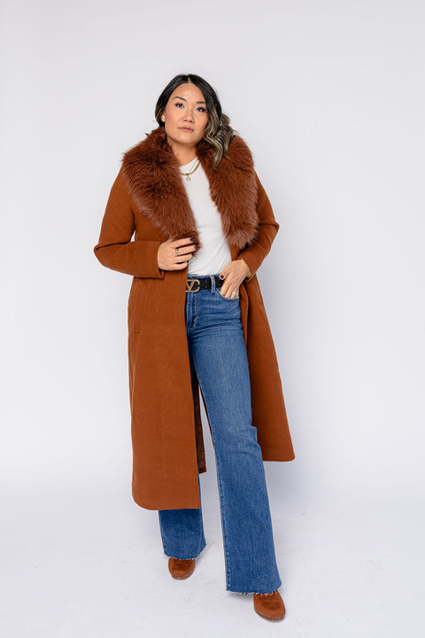 Lily Belted Long Vegan Wool Coat with Removable Fur Collar