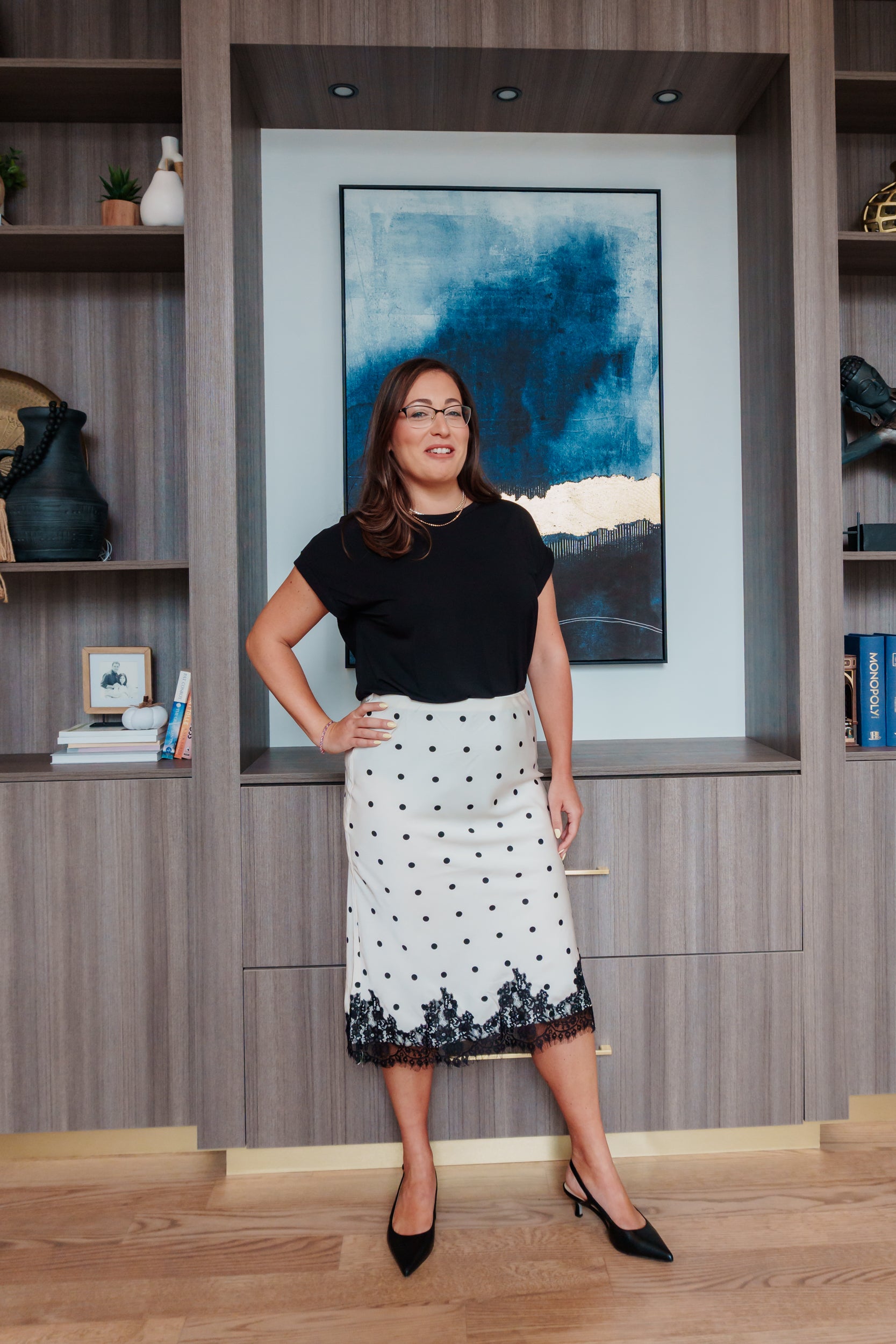 Adiana Polka Dot Midi Skirt with Lace Trim