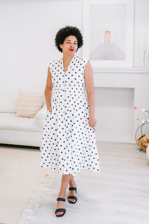 Lottie Drop Shoulder Smoked Waist Front Zip Polka Dots Midi Dress With Side Pocket