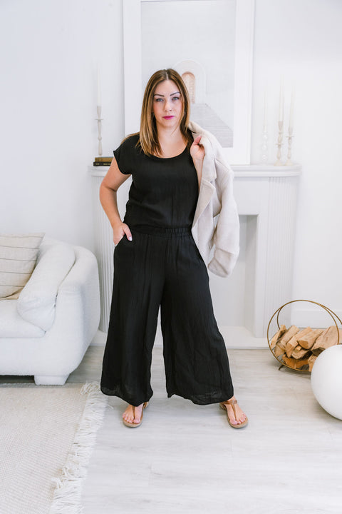 Fern Woven Boxy Top with Extended Sleeve And Round Neck