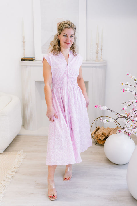 Penny Drop Shoulder Smoked Waist Front Zip Eyelet Printed Midi Dress with Side Pocket
