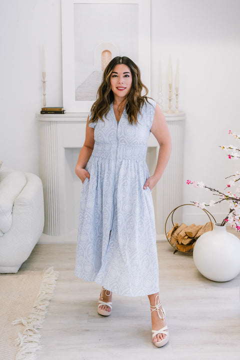 Penny Drop Shoulder Smoked Waist Front Zip Eyelet Printed Midi Dress with Side Pocket