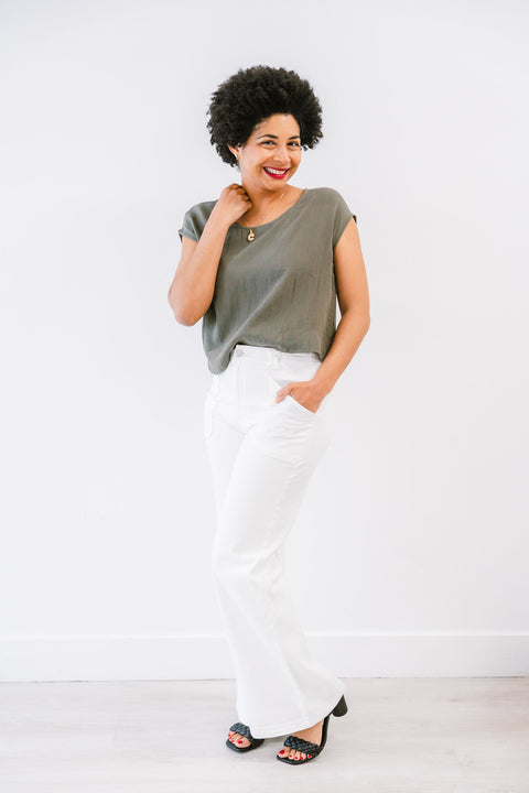 Fern Woven Boxy Top with Extended Sleeve And Round Neck