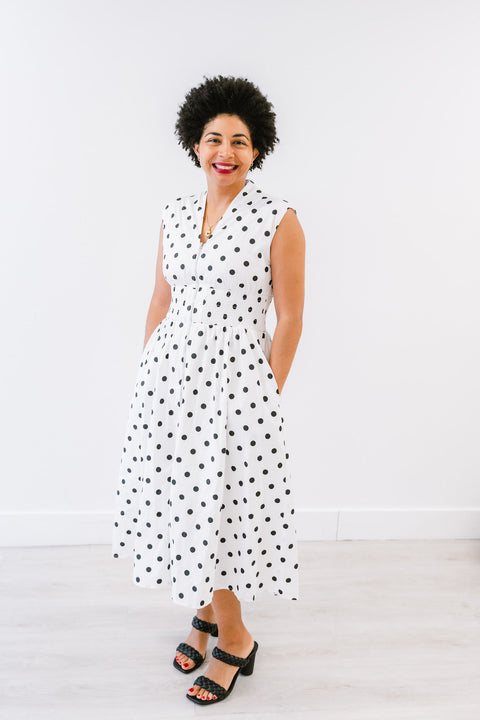 Lottie Drop Shoulder Smoked Waist Front Zip Polka Dots Midi Dress With Side Pocket
