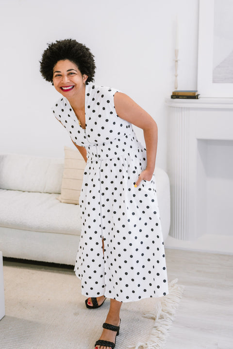 Lottie Drop Shoulder Smoked Waist Front Zip Polka Dots Midi Dress With Side Pocket