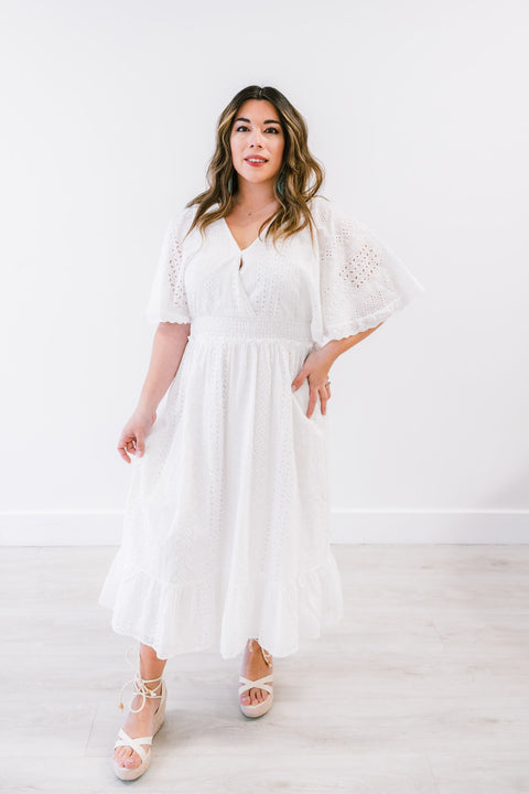 Iris Short Dolman Sleeve Elastic Waist Eyelet Mid Dress
