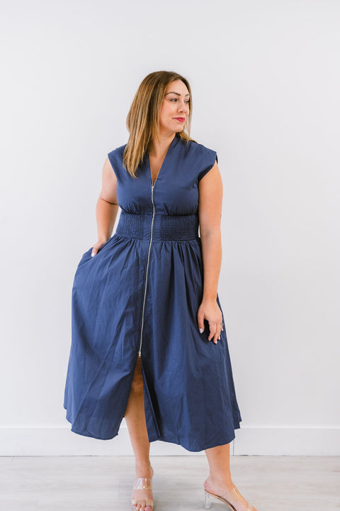 Mabel Drop Shoulder Smoked Waist Front Zip Side Pocket Midi Dress