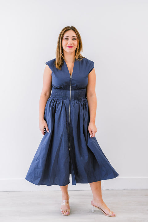 Mabel Drop Shoulder Smoked Waist Front Zip Side Pocket Midi Dress