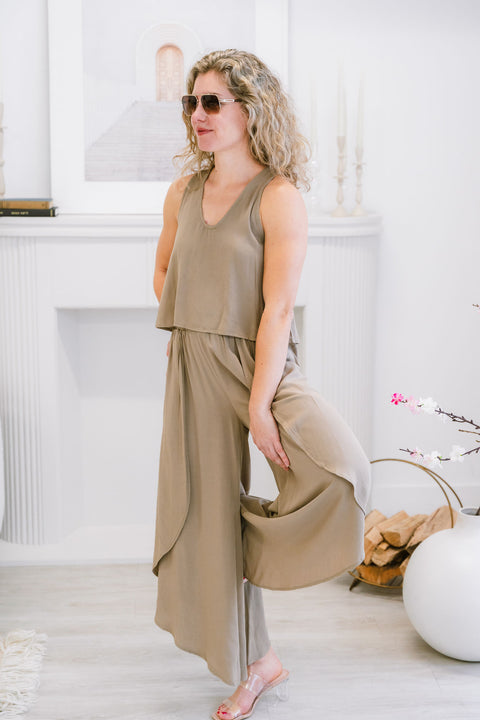 Luna Pre-Washed Woven Overlap Front Split Thigh Pants