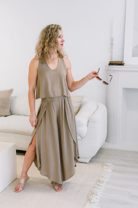 Luna Pre-Washed Woven Overlap Front Split Thigh Pants