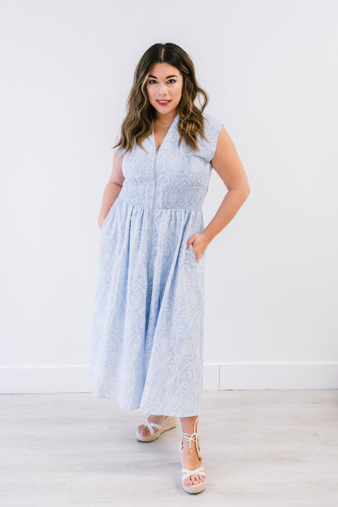 Penny Drop Shoulder Smoked Waist Front Zip Eyelet Printed Midi Dress with Side Pocket