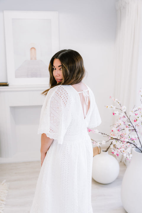 Iris Short Dolman Sleeve Elastic Waist Eyelet Mid Dress