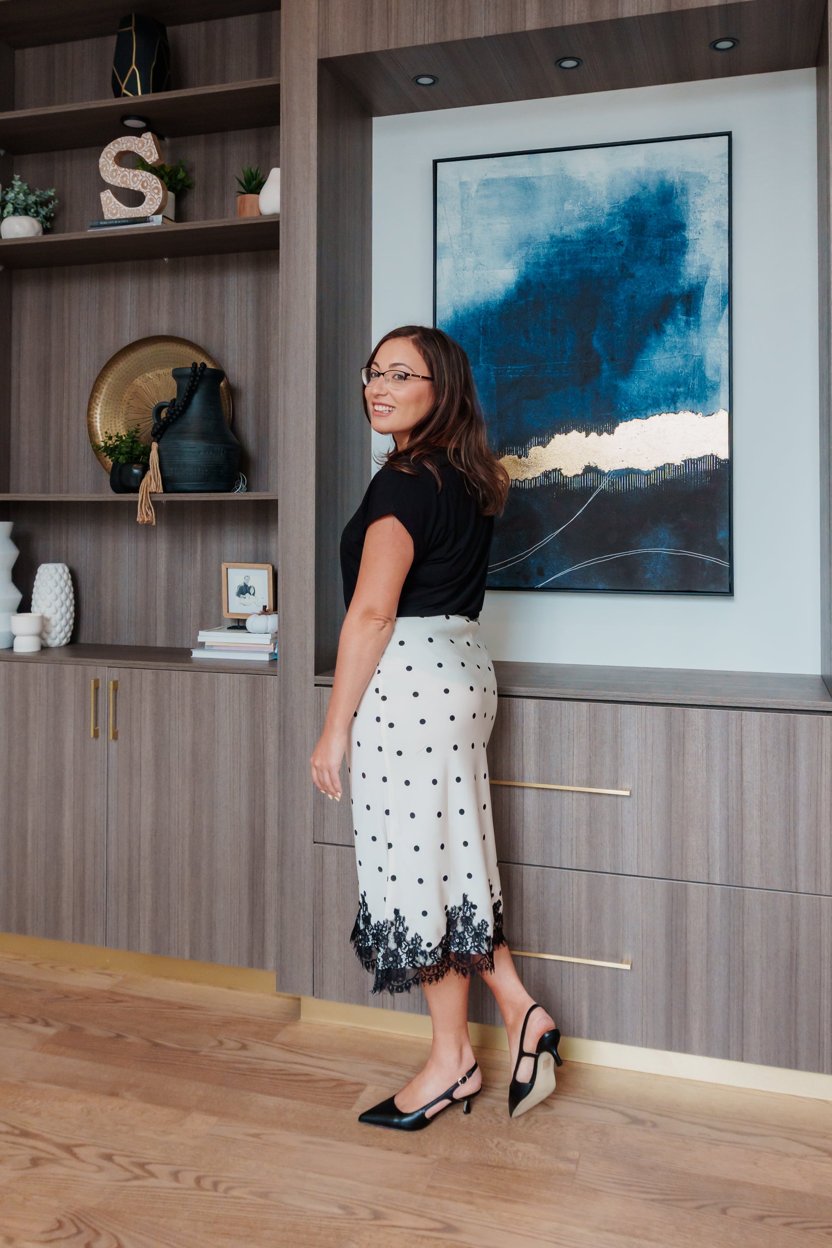 Adiana Polka Dot Midi Skirt with Lace Trim