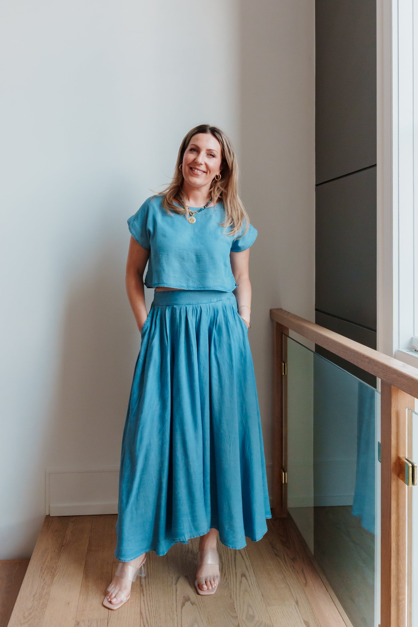 Lola Chambray Pleated Midi Skirt & Boat Neck Boxy Top Set