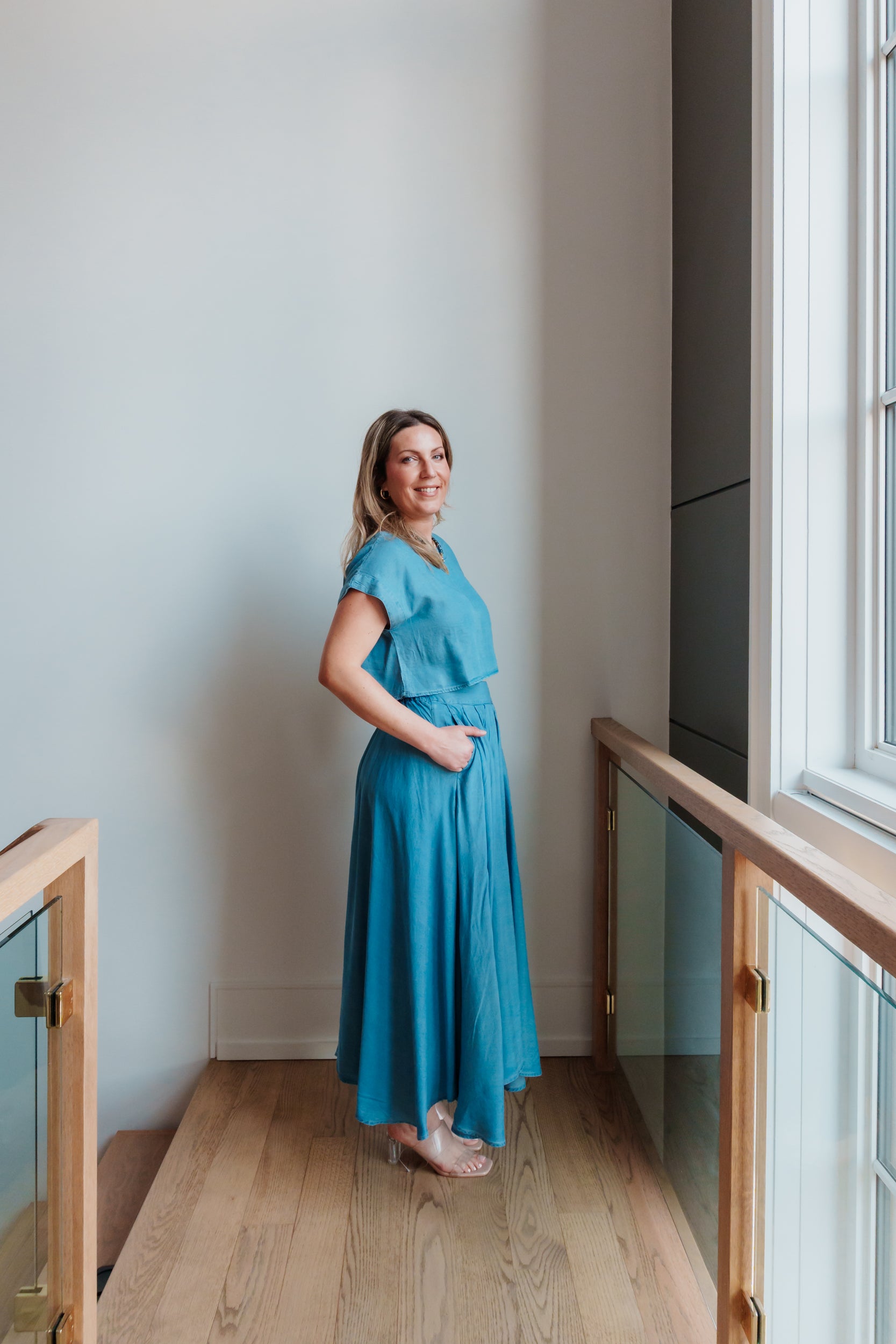 Lola Chambray Pleated Midi Skirt & Boat Neck Boxy Top Set