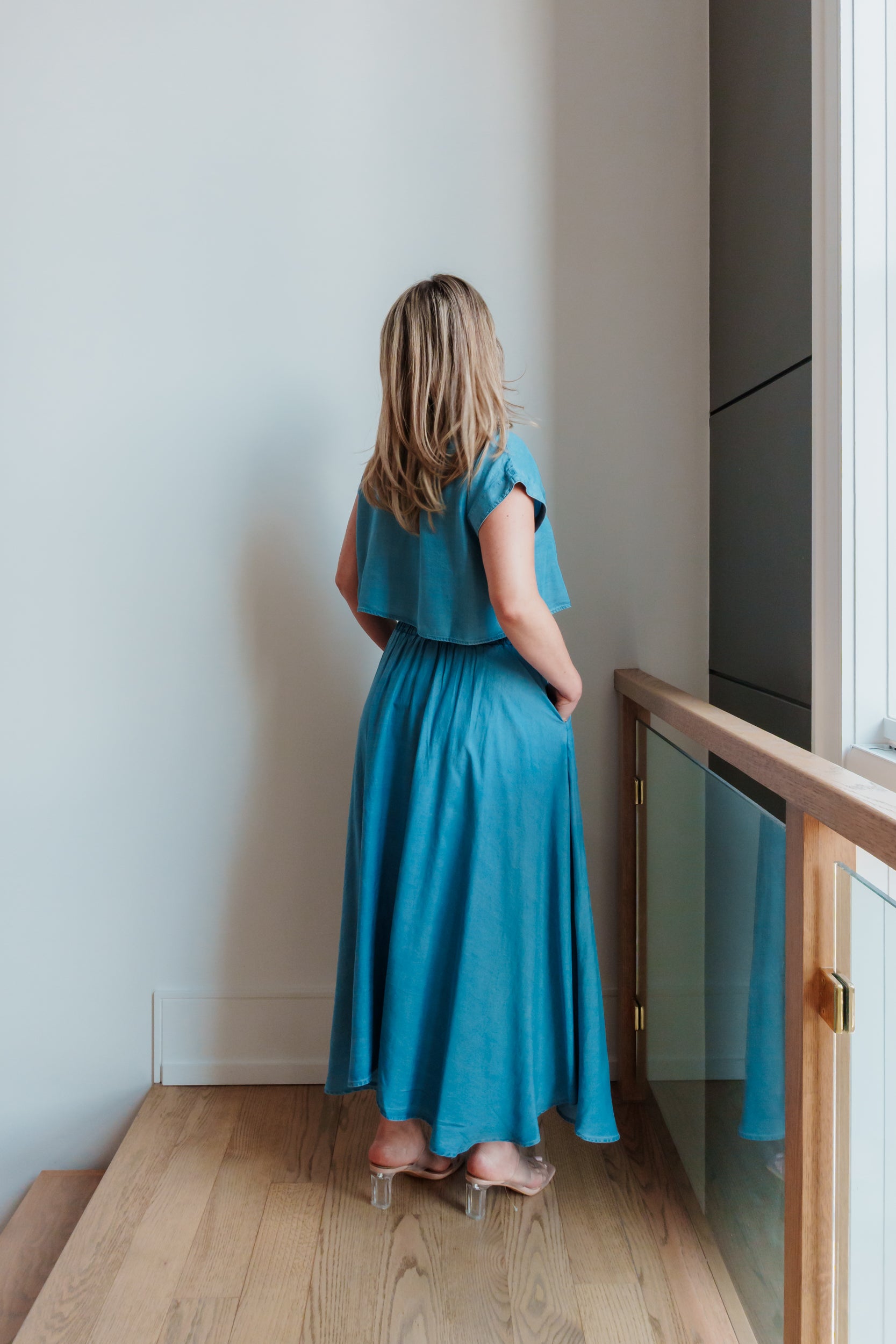 Lola Chambray Pleated Midi Skirt & Boat Neck Boxy Top Set