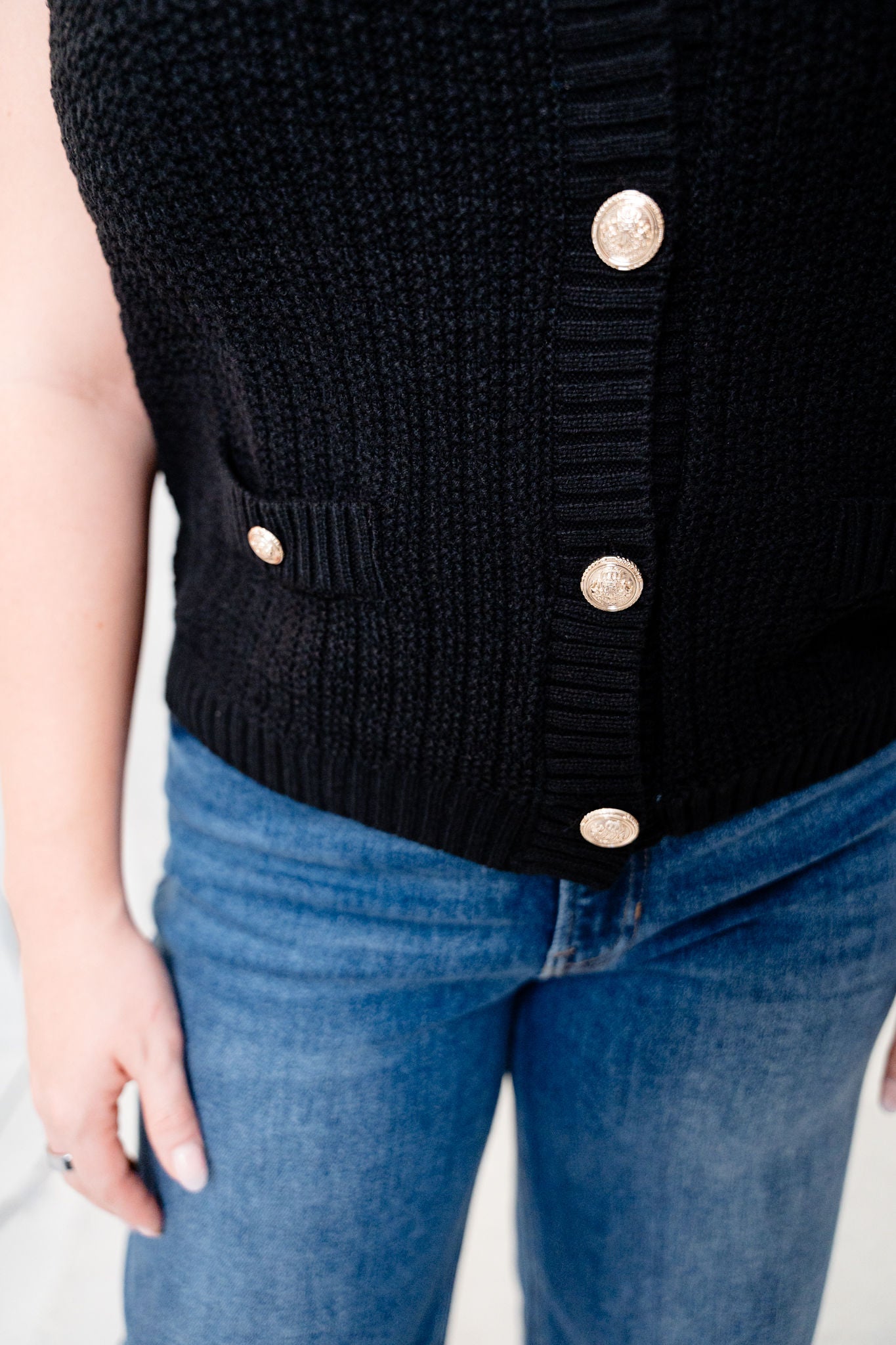 Devin Gold Button Sleeveless Pocket Detail Knit Vest Cardigan