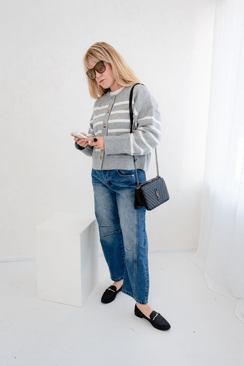 Reva Striped Crew Neck Button Down Cardigan