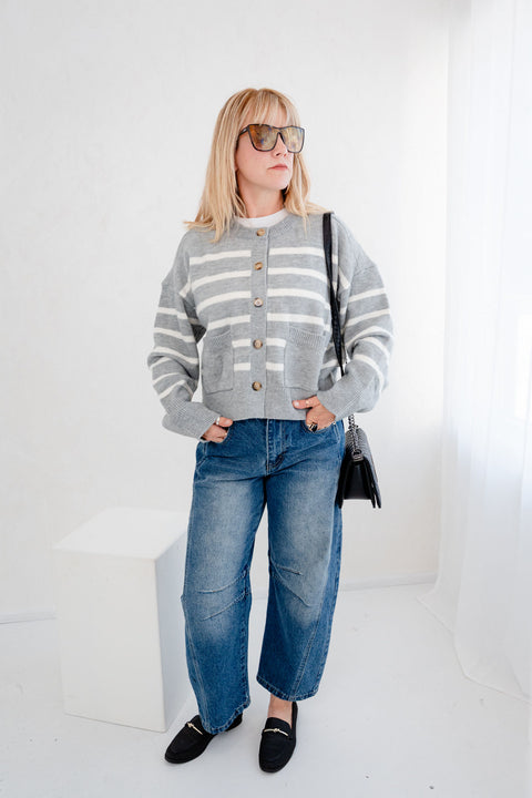 Reva Striped Crew Neck Button Down Cardigan