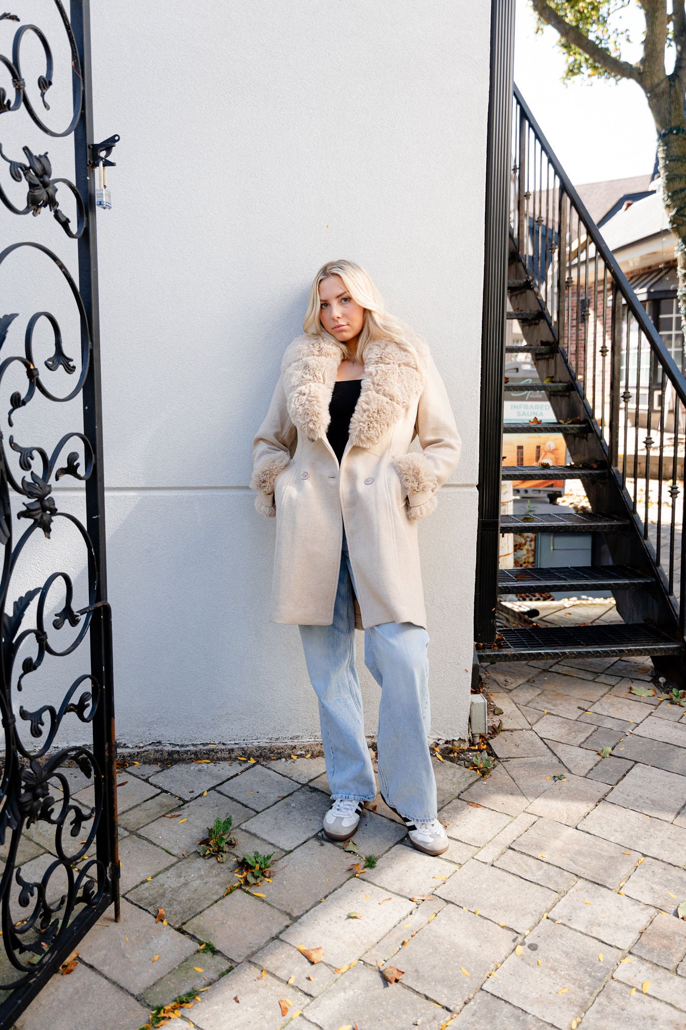 Ester Belted Vegan Wool Coat with Removable Fur Cuffs and Collar