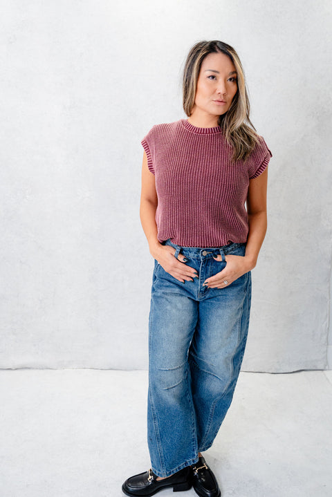 Shayla Washed Knit Short Tab Sleeve Sweater