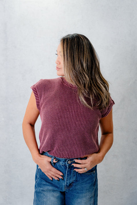 Shayla Washed Knit Short Tab Sleeve Sweater