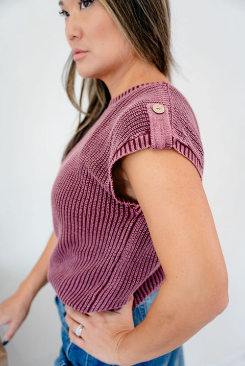 Shayla Washed Knit Short Tab Sleeve Sweater