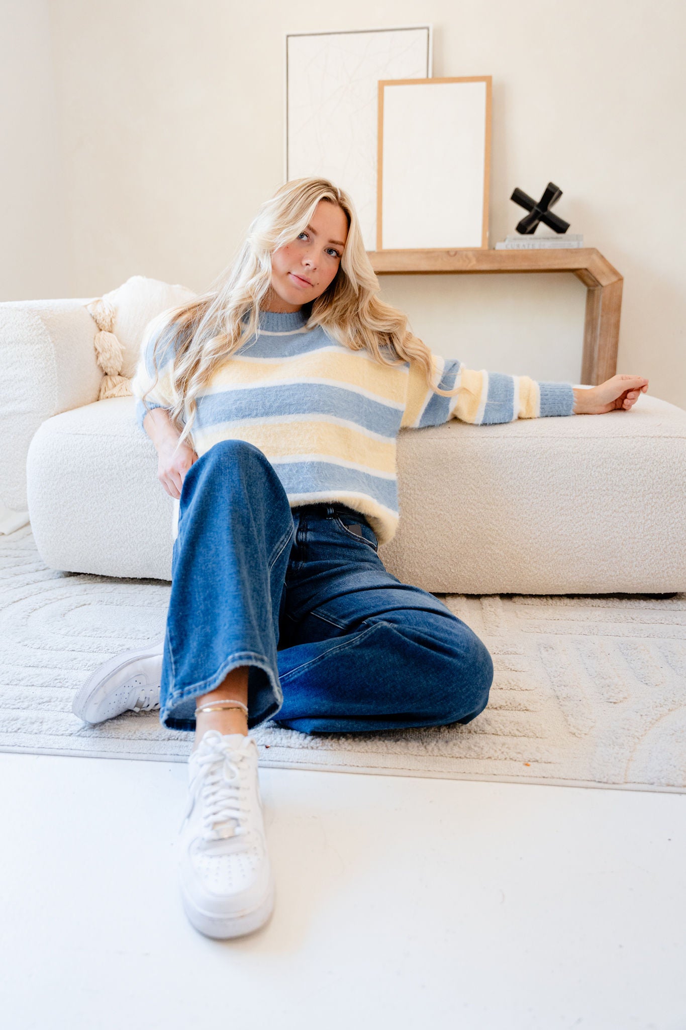 Carrie Loose Fit Striped Fuzzy Knit Sweater Top