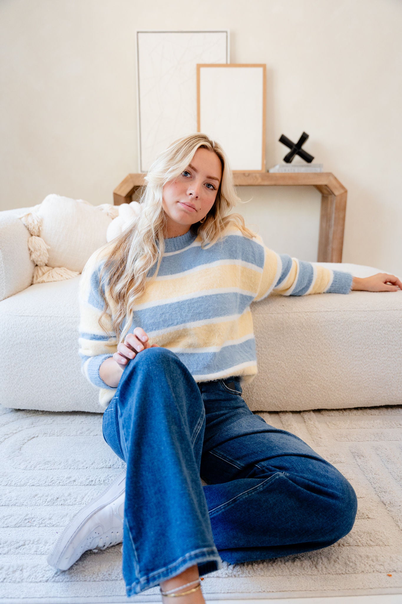 Carrie Loose Fit Striped Fuzzy Knit Sweater Top
