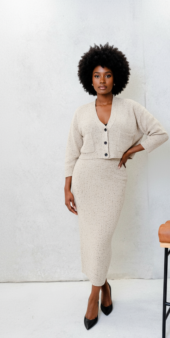 Nola Relaxed Fit Knit Cardigan Top and Midi Skirt Set