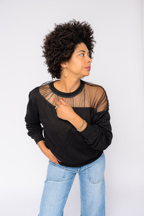 Linnea Crewneck Sweater With Tulle Shoulder