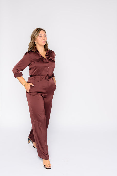 Annalise Satin Button Down Belted Jumpsuit