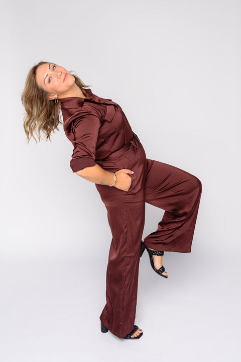 Annalise Satin Button Down Belted Jumpsuit