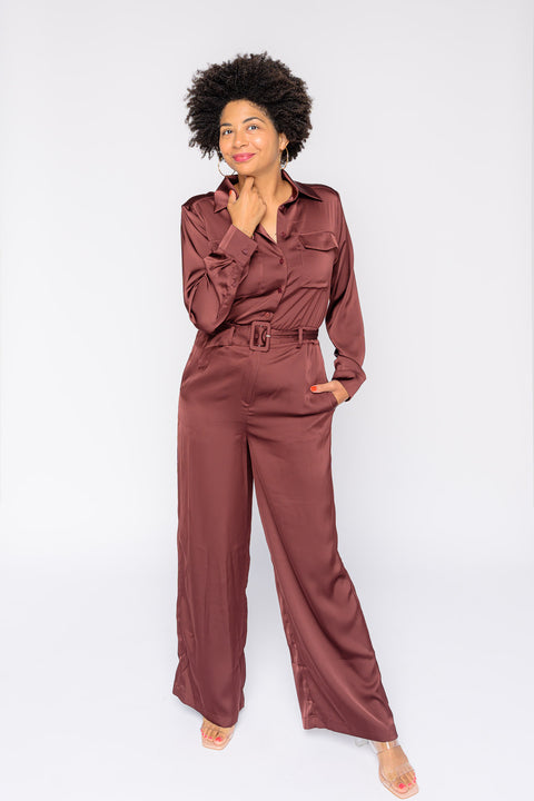 Annalise Satin Button Down Belted Jumpsuit